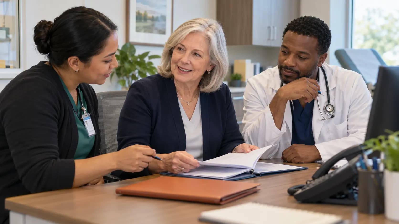 Practice manager and clinician reviewing payer requirements with a specialist