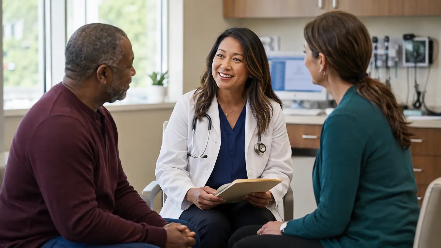 Clinician, patient, and healthcare colleague sharing a warm clinic interaction