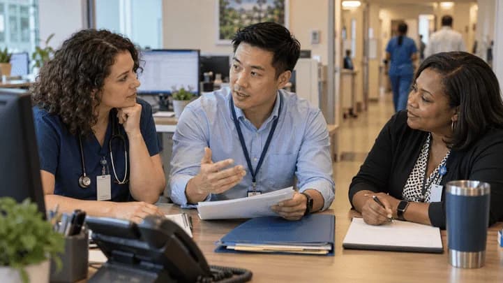 Denial-resolution specialist and clinician reviewing a claim together