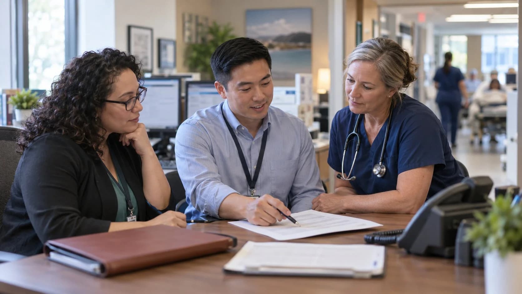Denial-resolution specialist and clinician reviewing a claim together