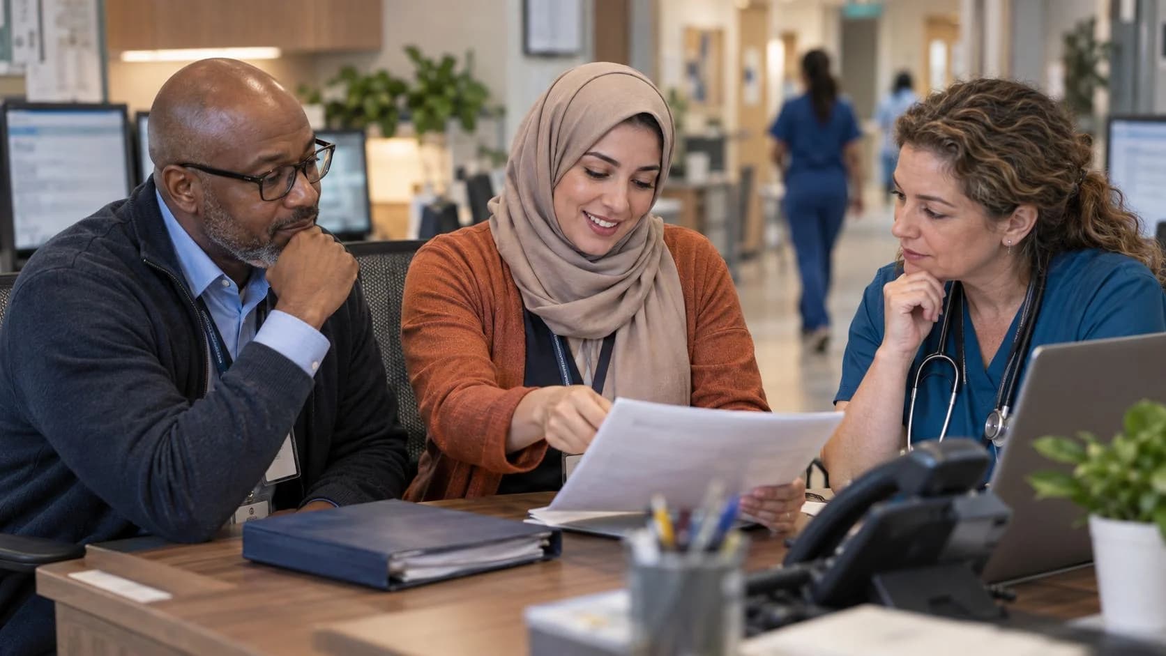 Denial-resolution specialist and clinician reviewing a claim together