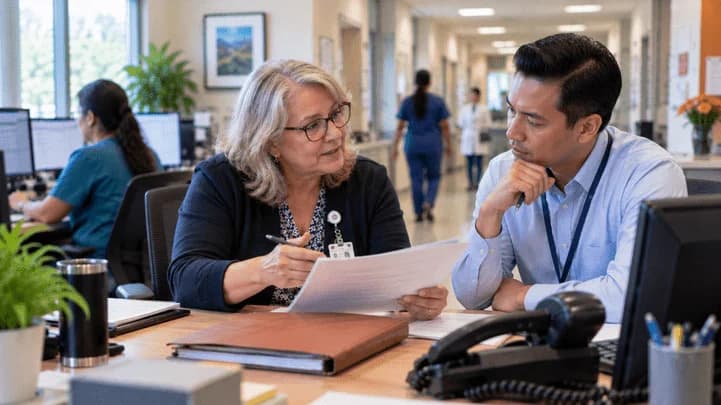 Reimbursement analyst and revenue manager reviewing a payment variance