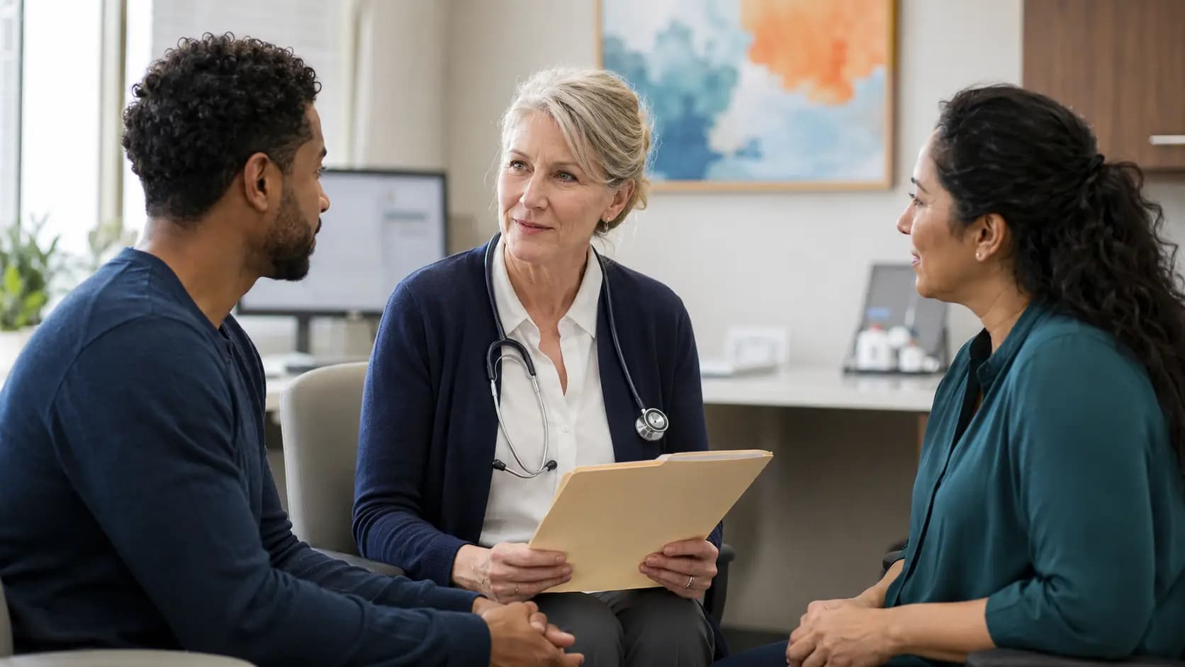 Clinician, patient, and healthcare colleague sharing a warm clinic interaction