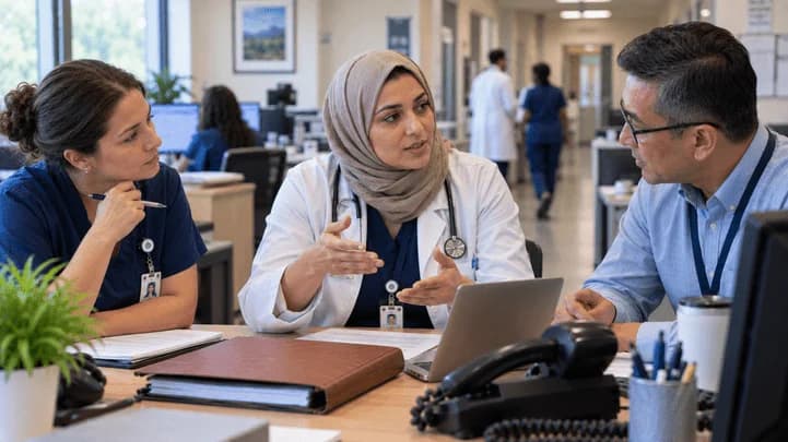 Physician advisor and utilization nurse reviewing documentation together