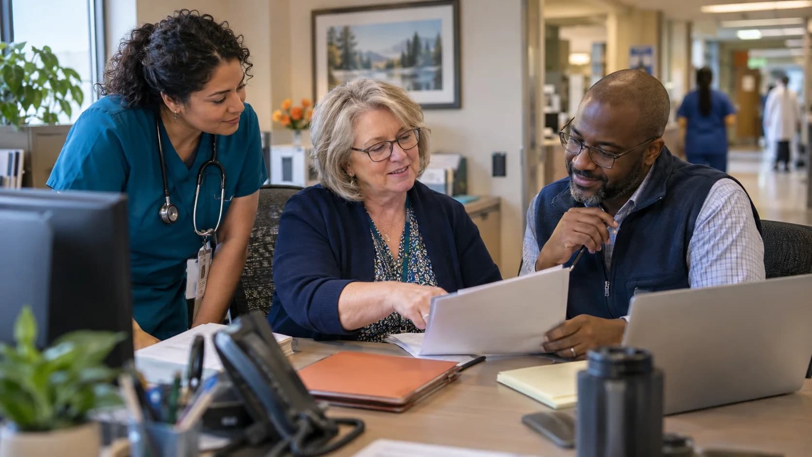Denial-resolution specialist and clinician reviewing a claim together