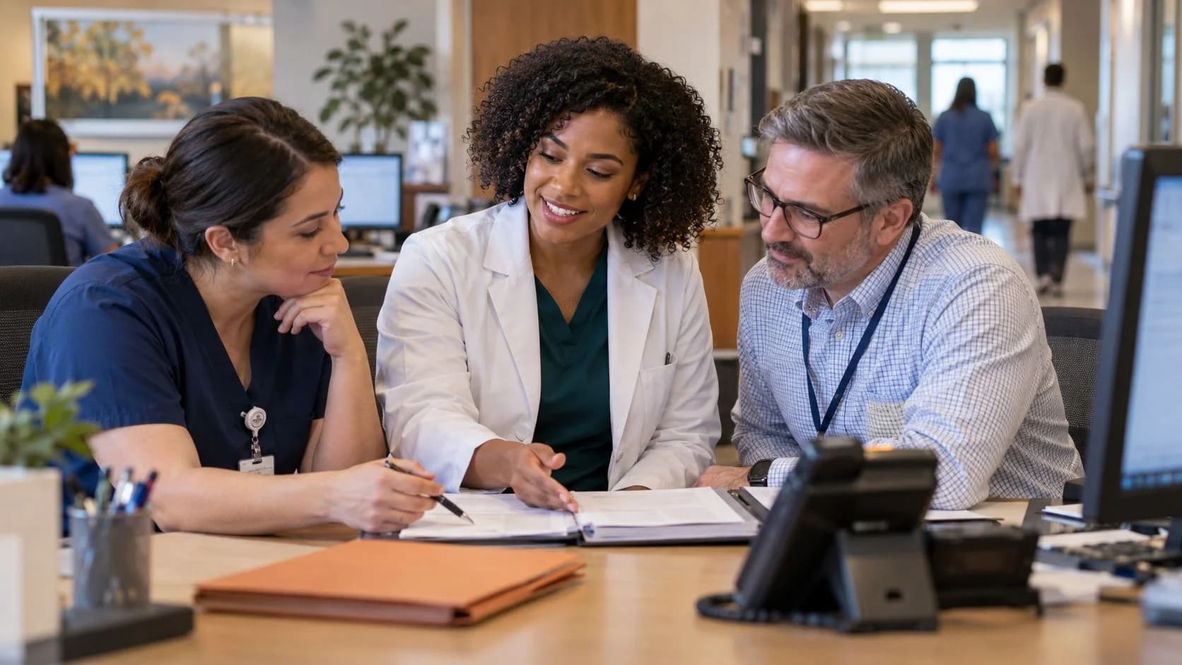 Physician advisor and utilization nurse reviewing documentation together