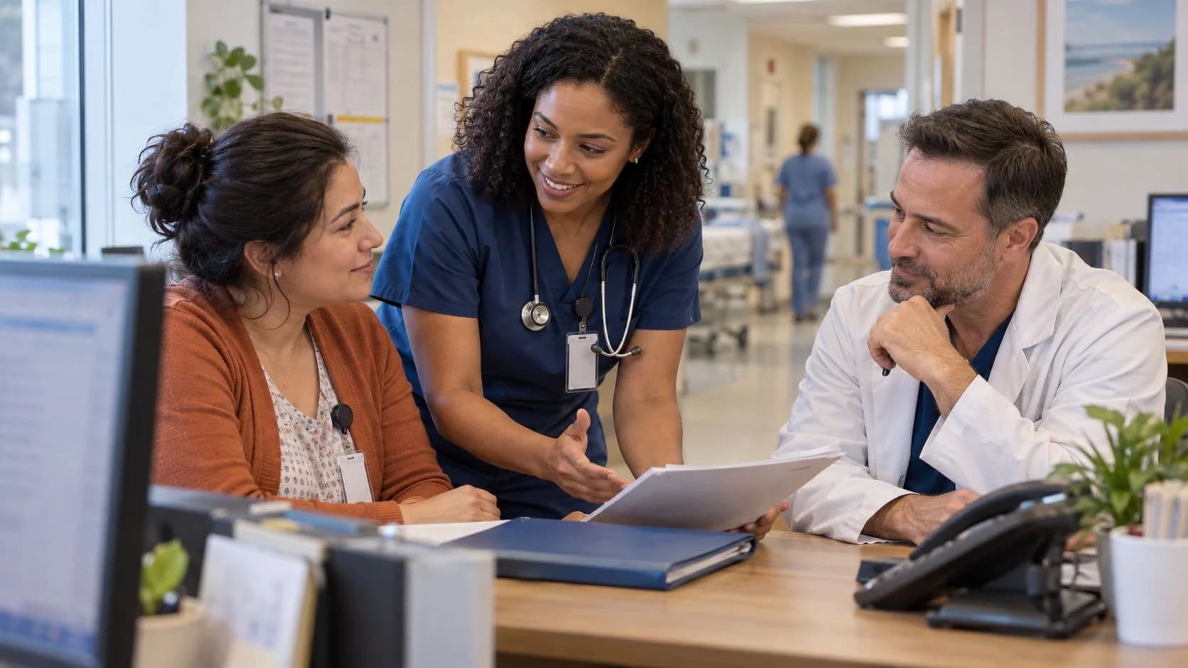 Patient-access coordinator and clinician resolving an authorization issue
