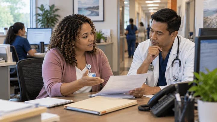 Medical coder and clinician resolving a claim detail together