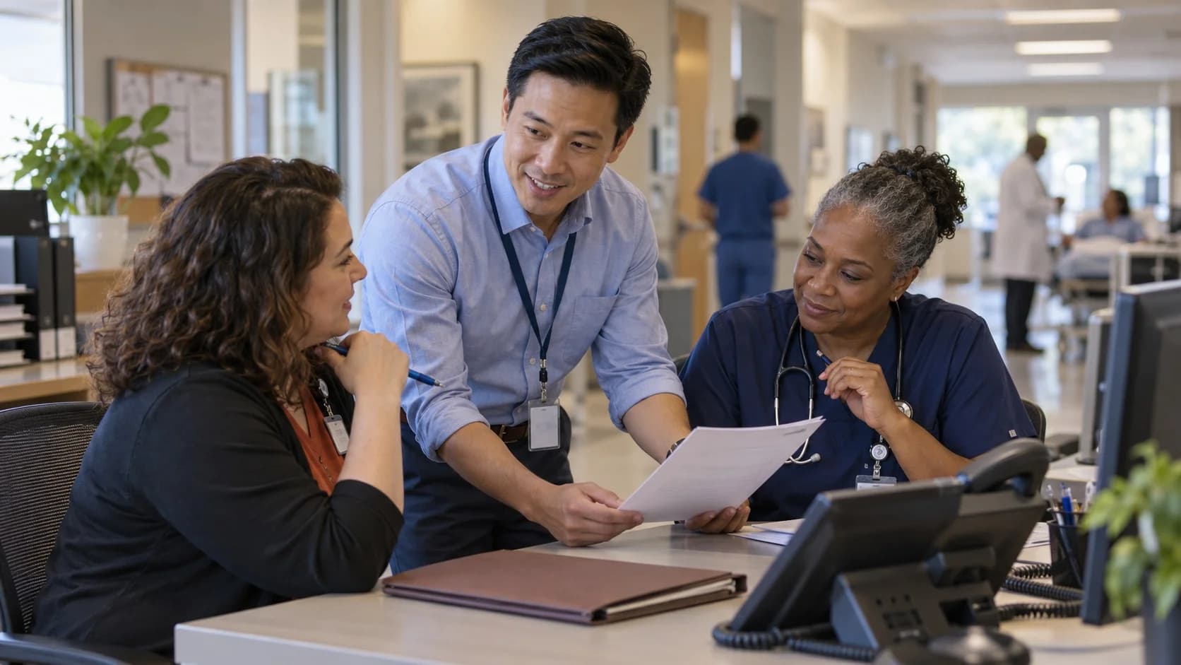 Patient-access coordinator and clinician resolving an authorization issue
