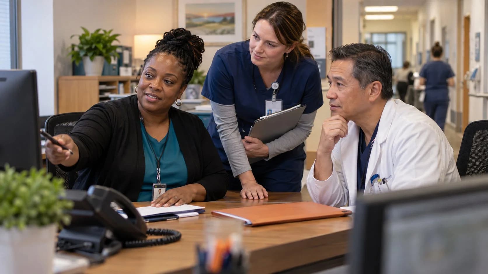 Patient-access coordinator and clinician resolving an authorization issue