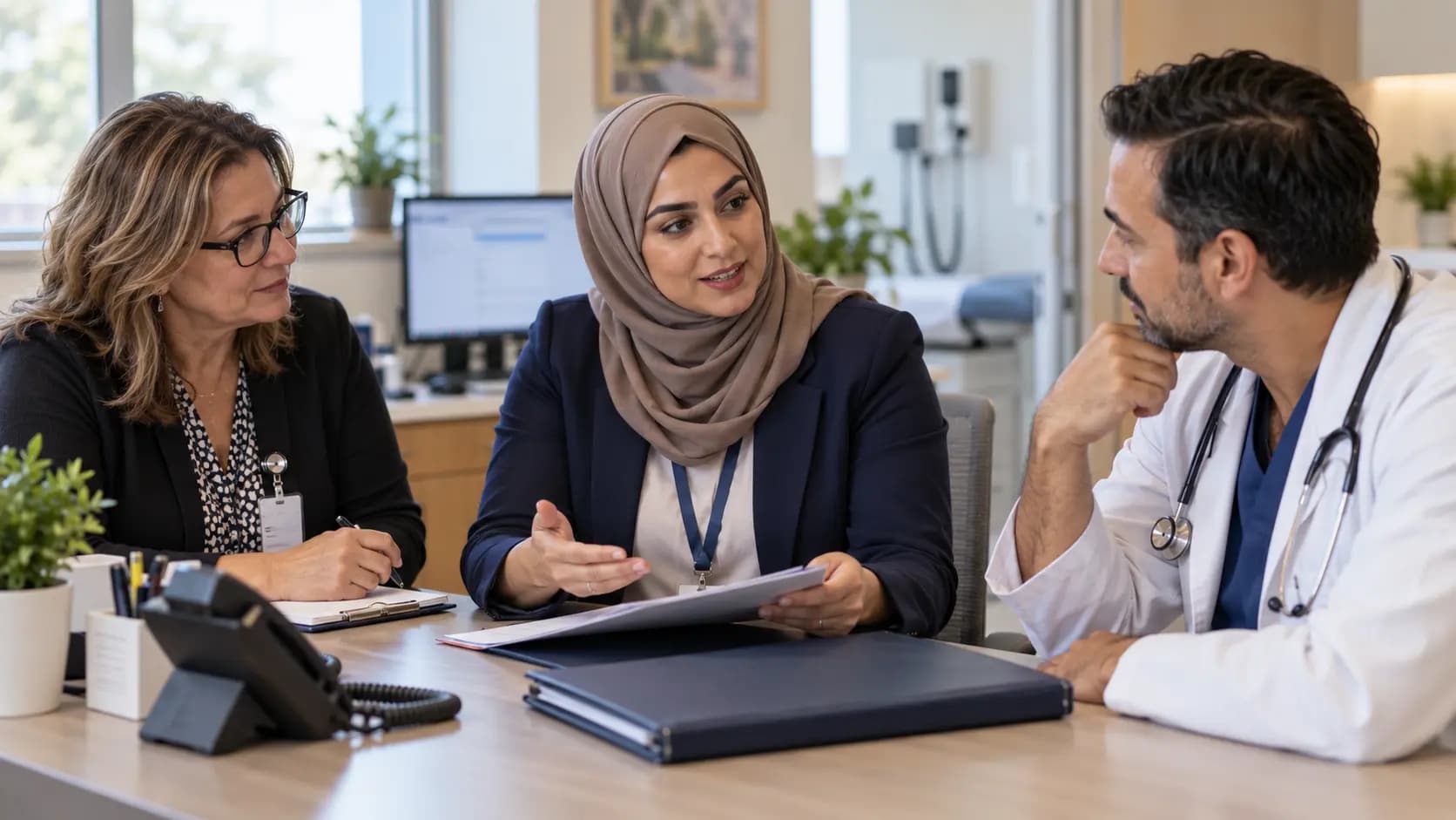 Practice manager and clinician reviewing payer requirements with a specialist