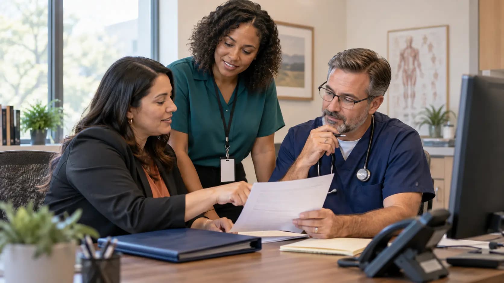 Practice manager and clinician reviewing payer requirements with a specialist