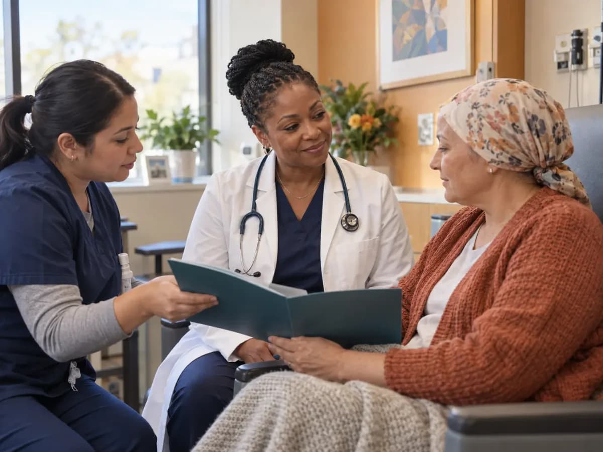 Oncology clinician and patient sharing a warm, attentive moment in a clinic
