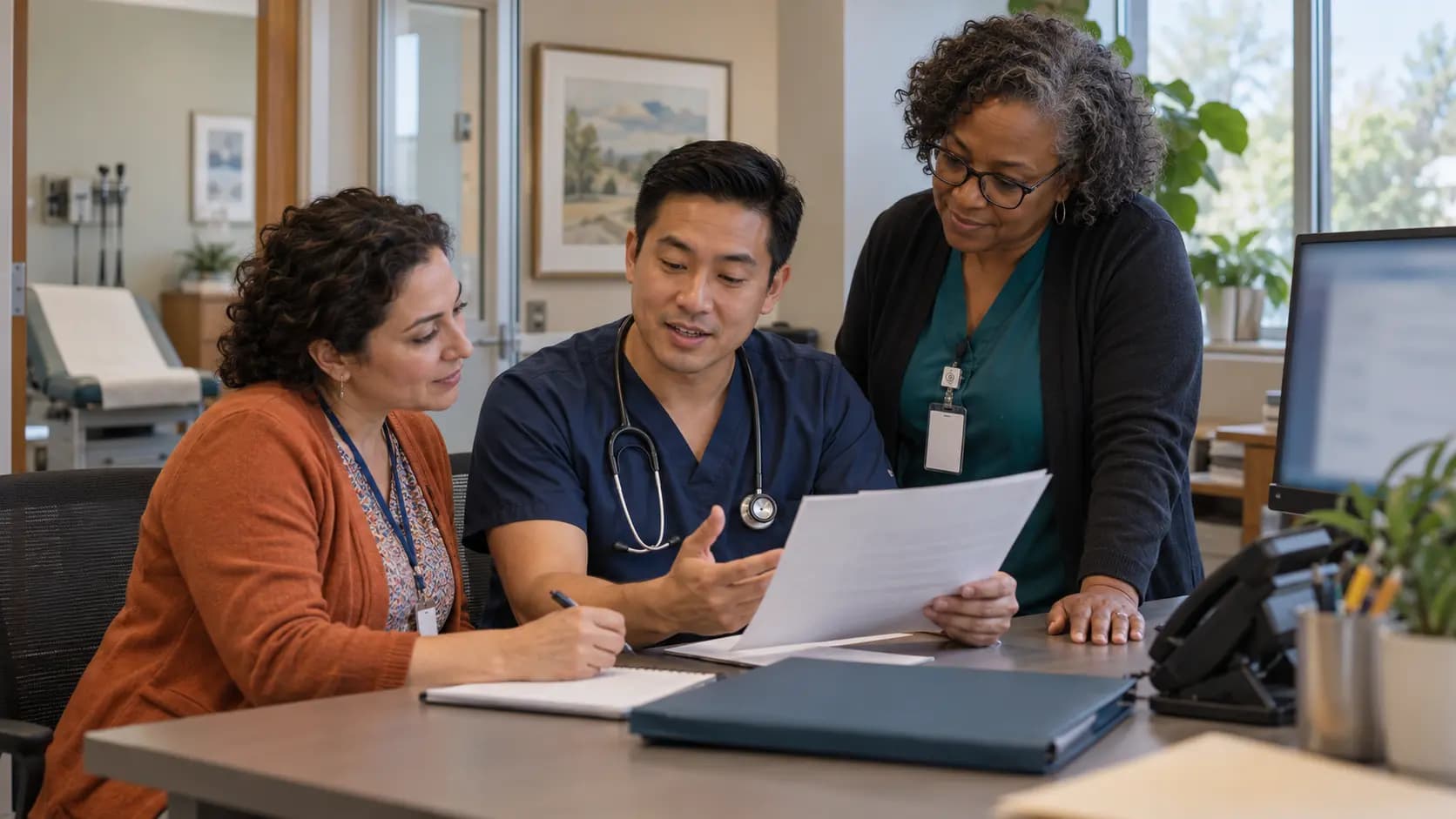 Practice manager and clinician reviewing payer requirements with a specialist