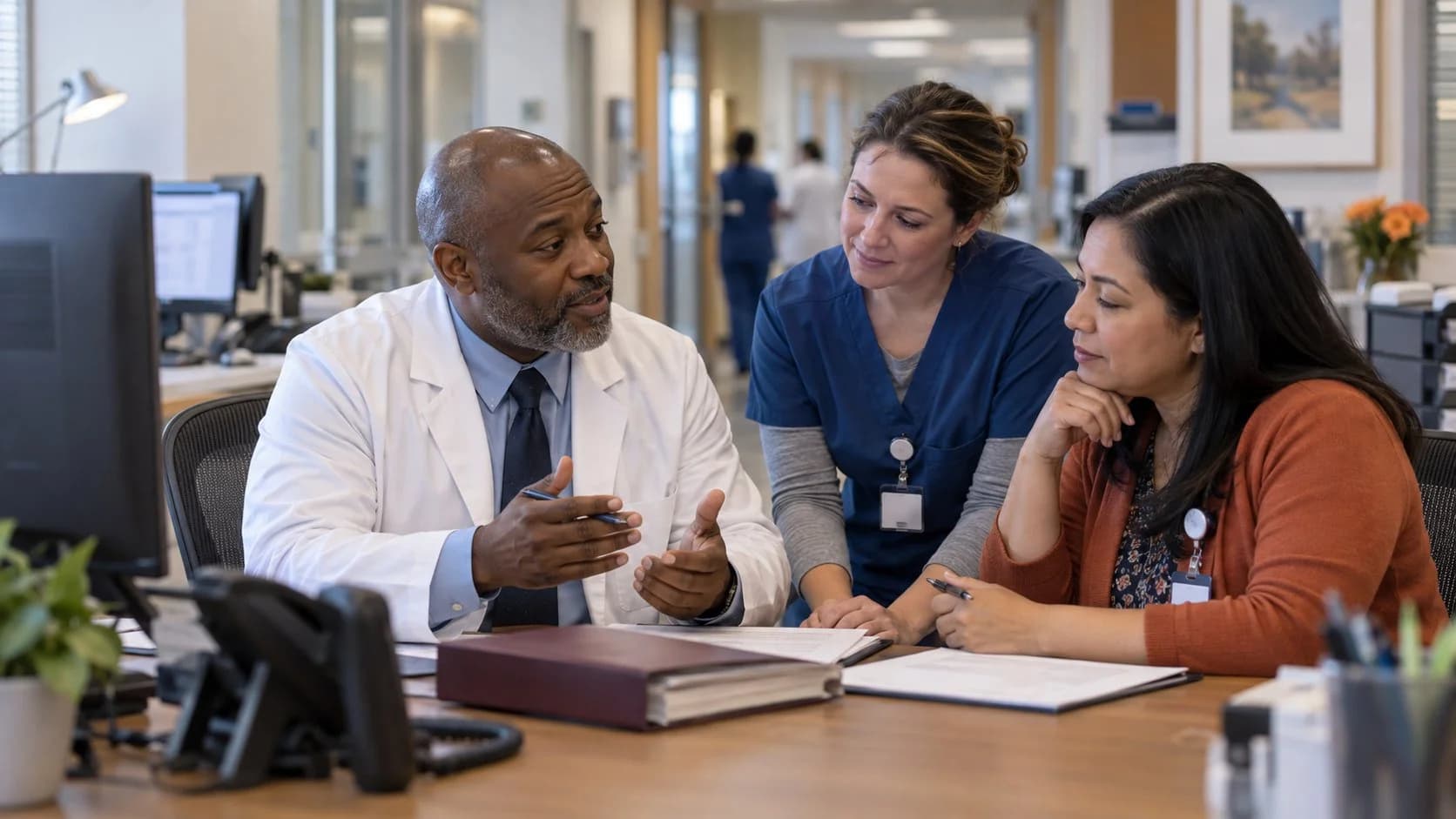 Physician advisor and utilization nurse reviewing documentation together