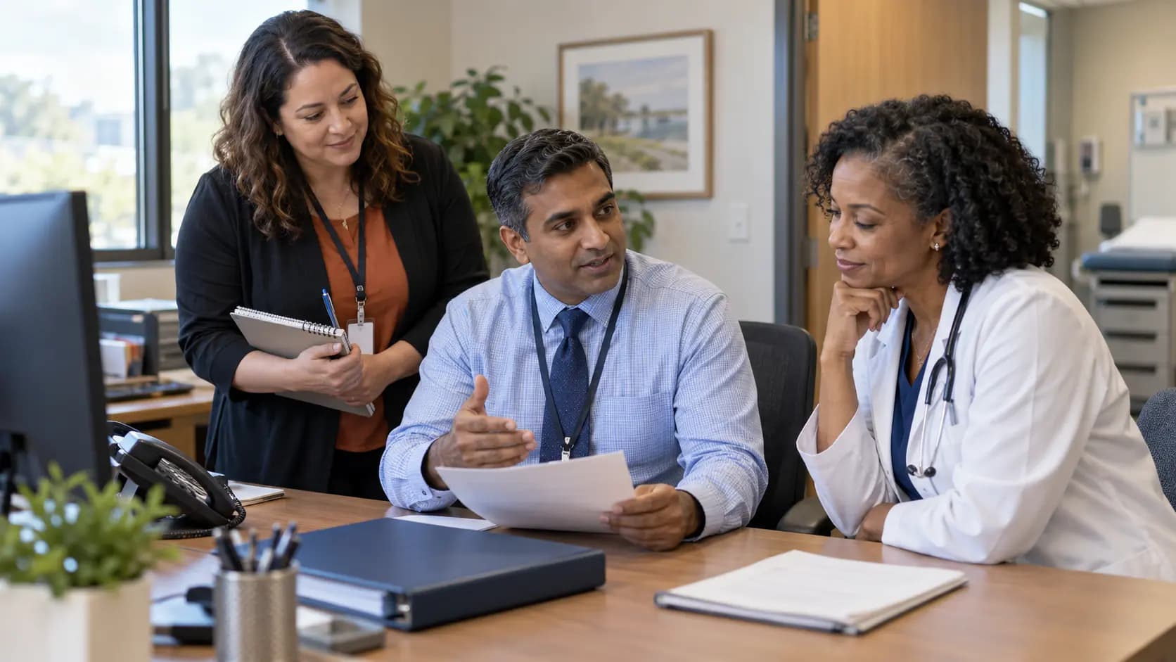 Practice manager and clinician reviewing payer requirements with a specialist