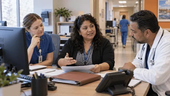 Patient-access coordinator and clinician resolving an authorization issue