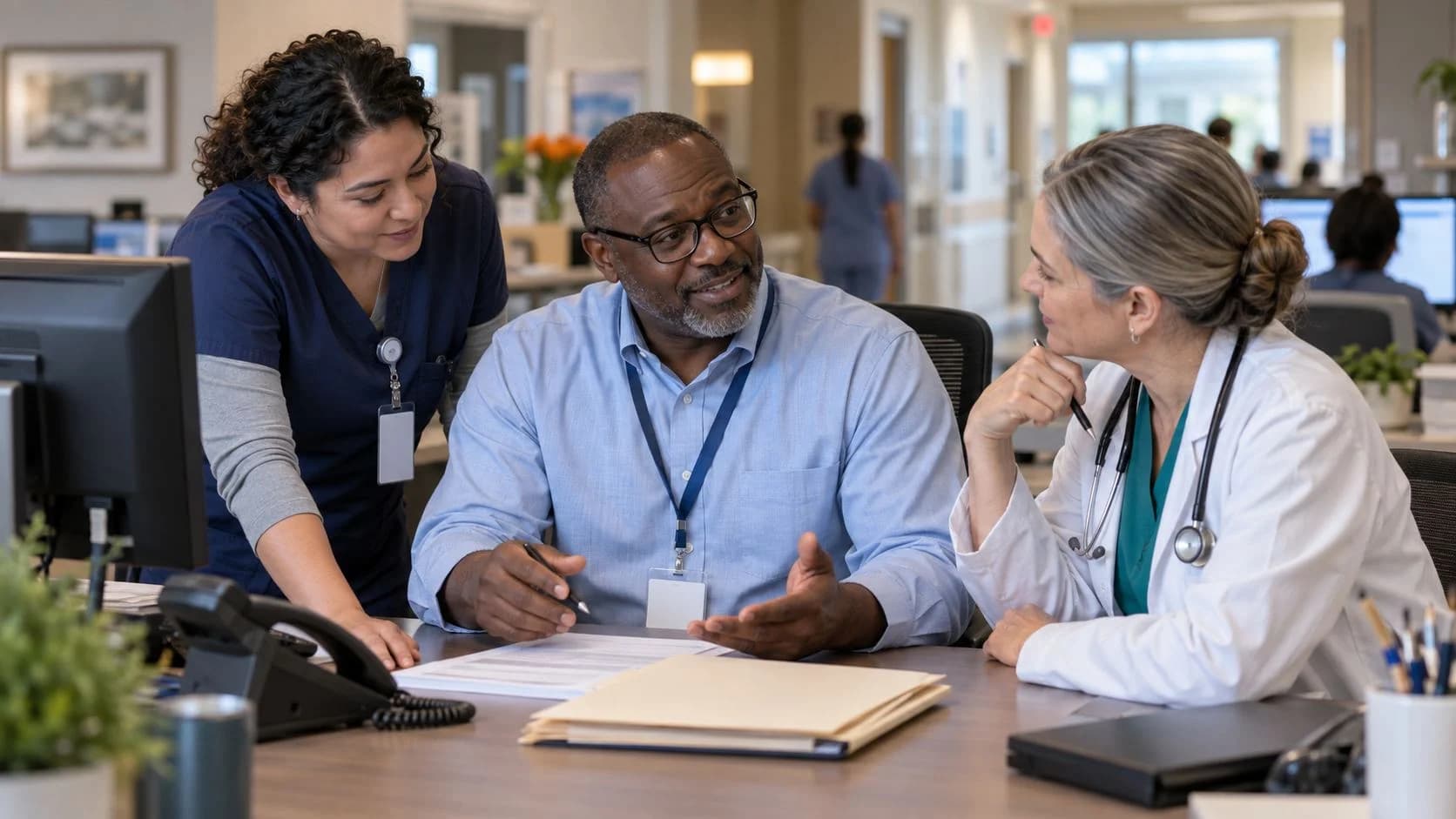 Denial-resolution specialist and clinician reviewing a claim together