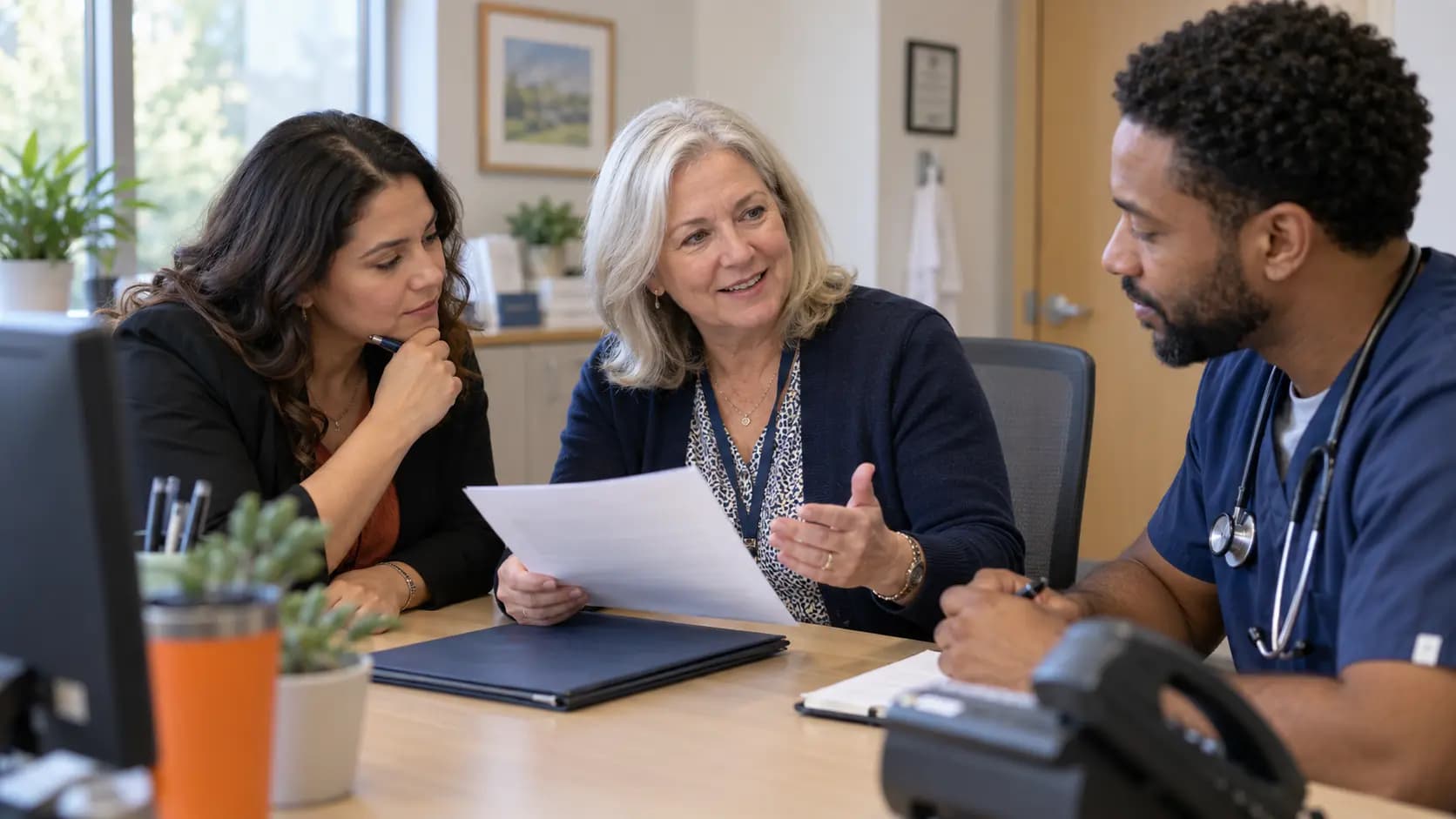 Practice manager and clinician reviewing payer requirements with a specialist