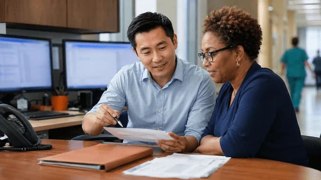 Reimbursement analyst and revenue manager reviewing a payment variance