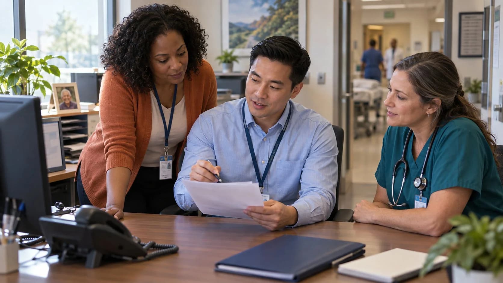 Denial-resolution specialist and clinician reviewing a claim together