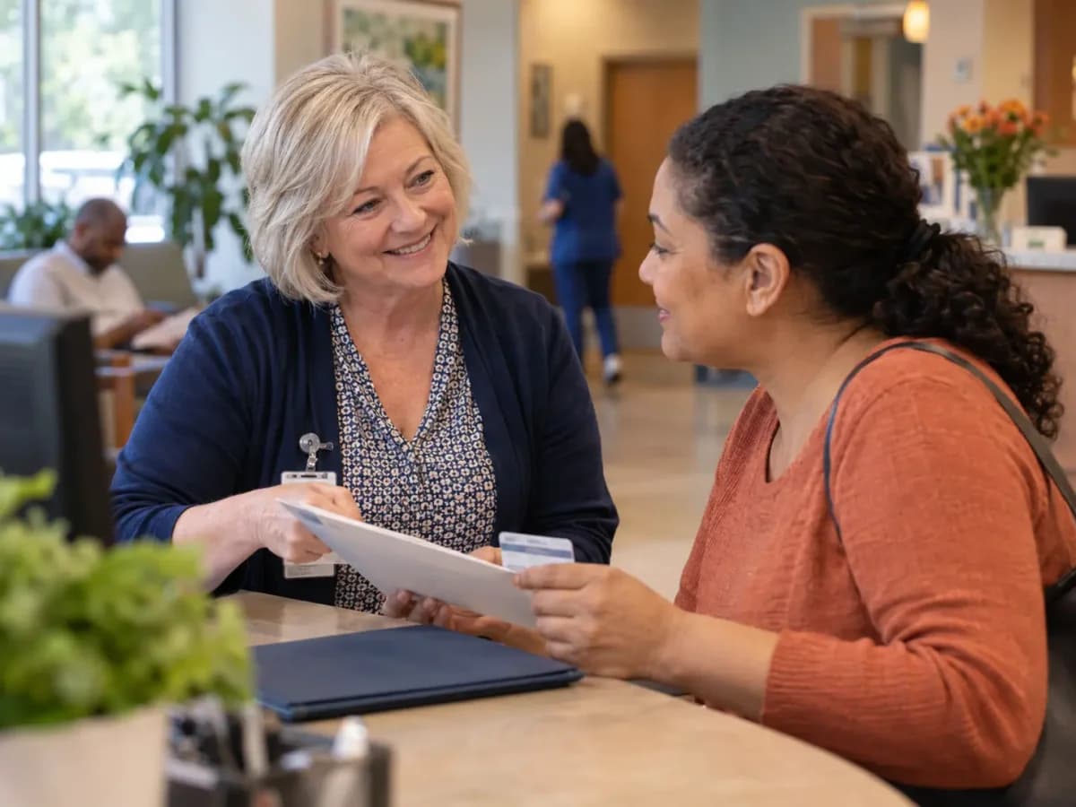 Patient-access coordinator helping a patient at a clinic desk