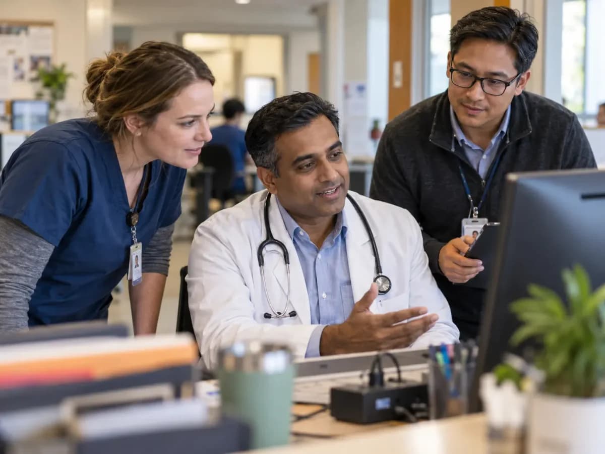 Clinician and informatics specialists collaborating at a normal workstation