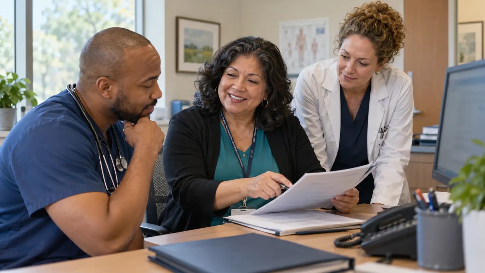 Practice manager and clinician reviewing payer requirements with a specialist