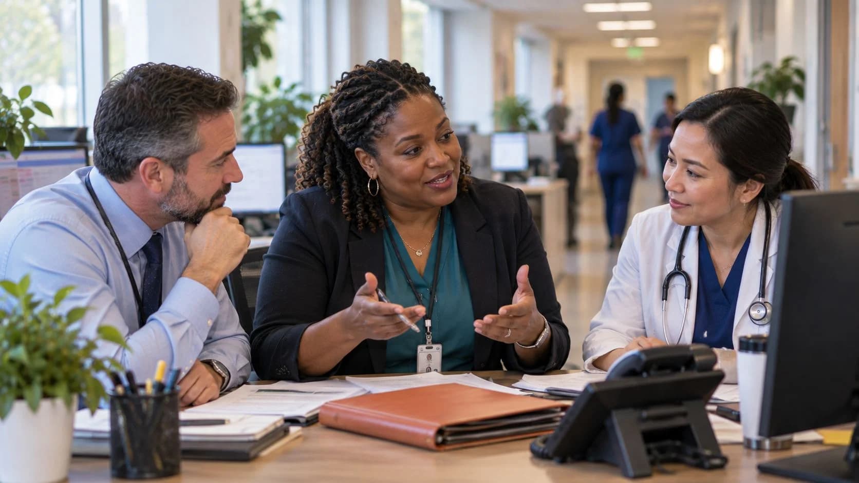 Denial-resolution specialist and clinician reviewing a claim together