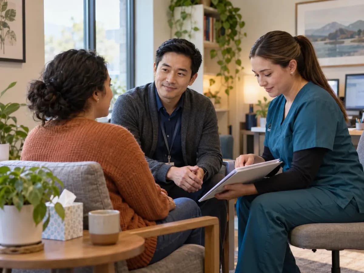 Psychology clinician and patient sharing a warm, attentive moment in a clinic