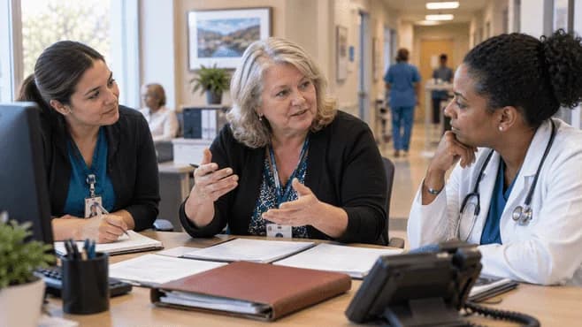 Patient-access coordinator and clinician resolving an authorization issue