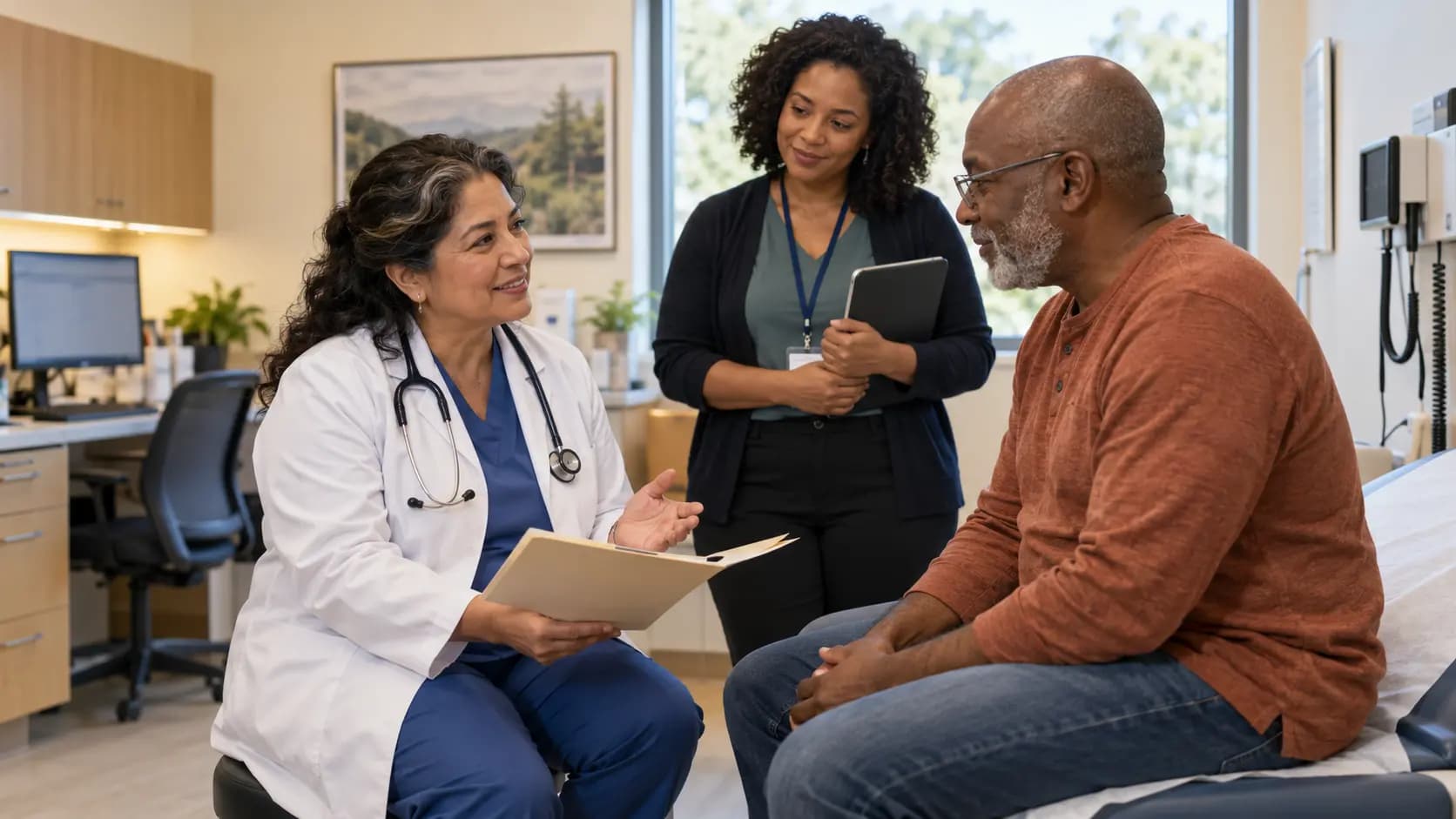 Clinician, patient, and healthcare colleague sharing a warm clinic interaction