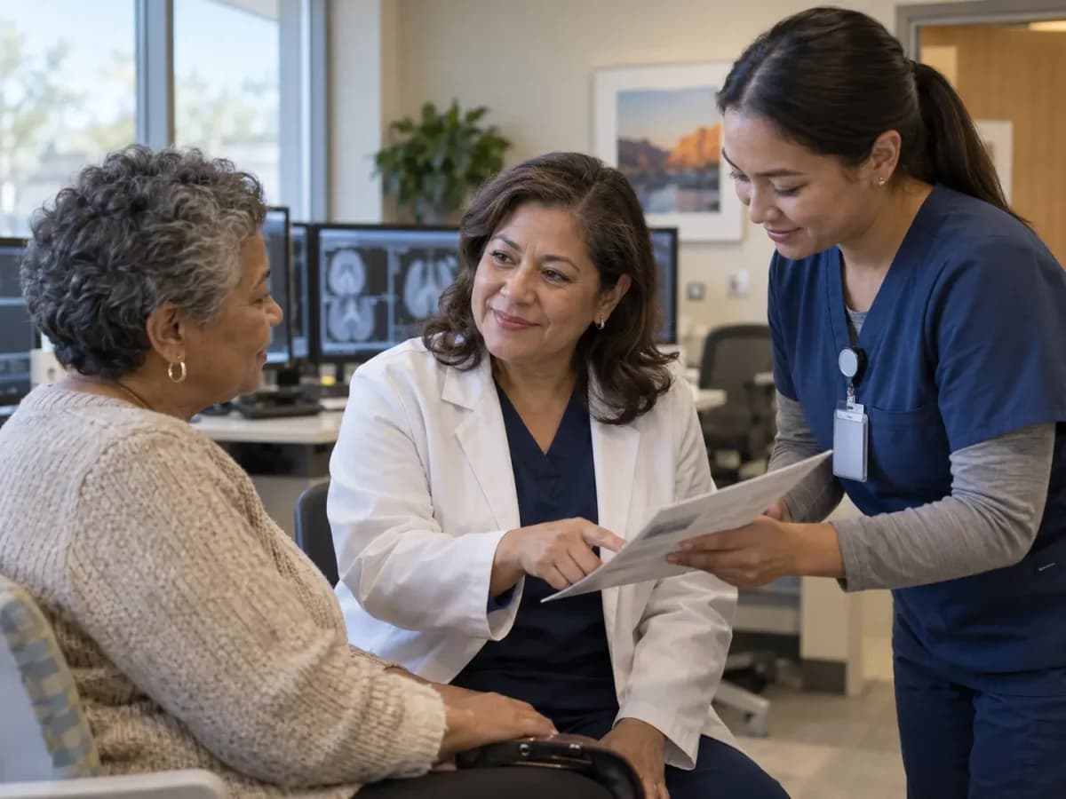 Radiology clinician and patient sharing a warm, attentive moment in a clinic