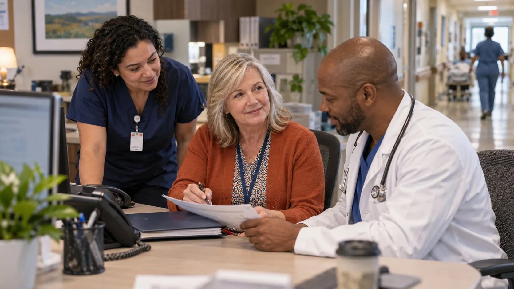 Patient-access coordinator and clinician resolving an authorization issue