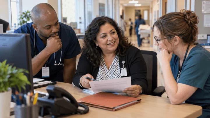 Denial-resolution specialist and clinician reviewing a claim together
