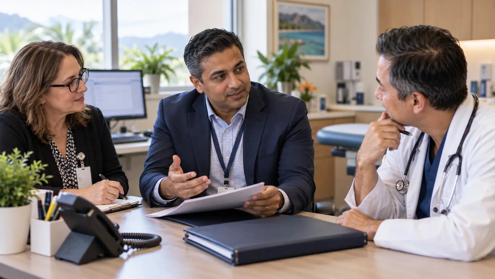 Practice manager and clinician reviewing payer requirements with a specialist