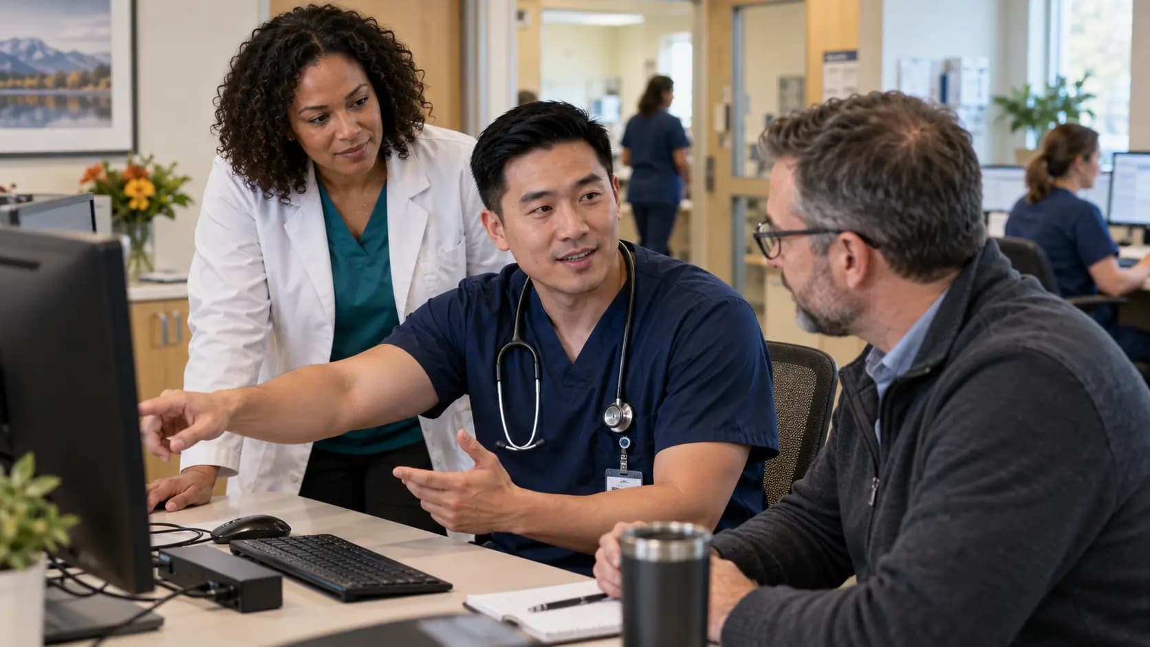 Clinician and informatics specialists collaborating at a normal workstation