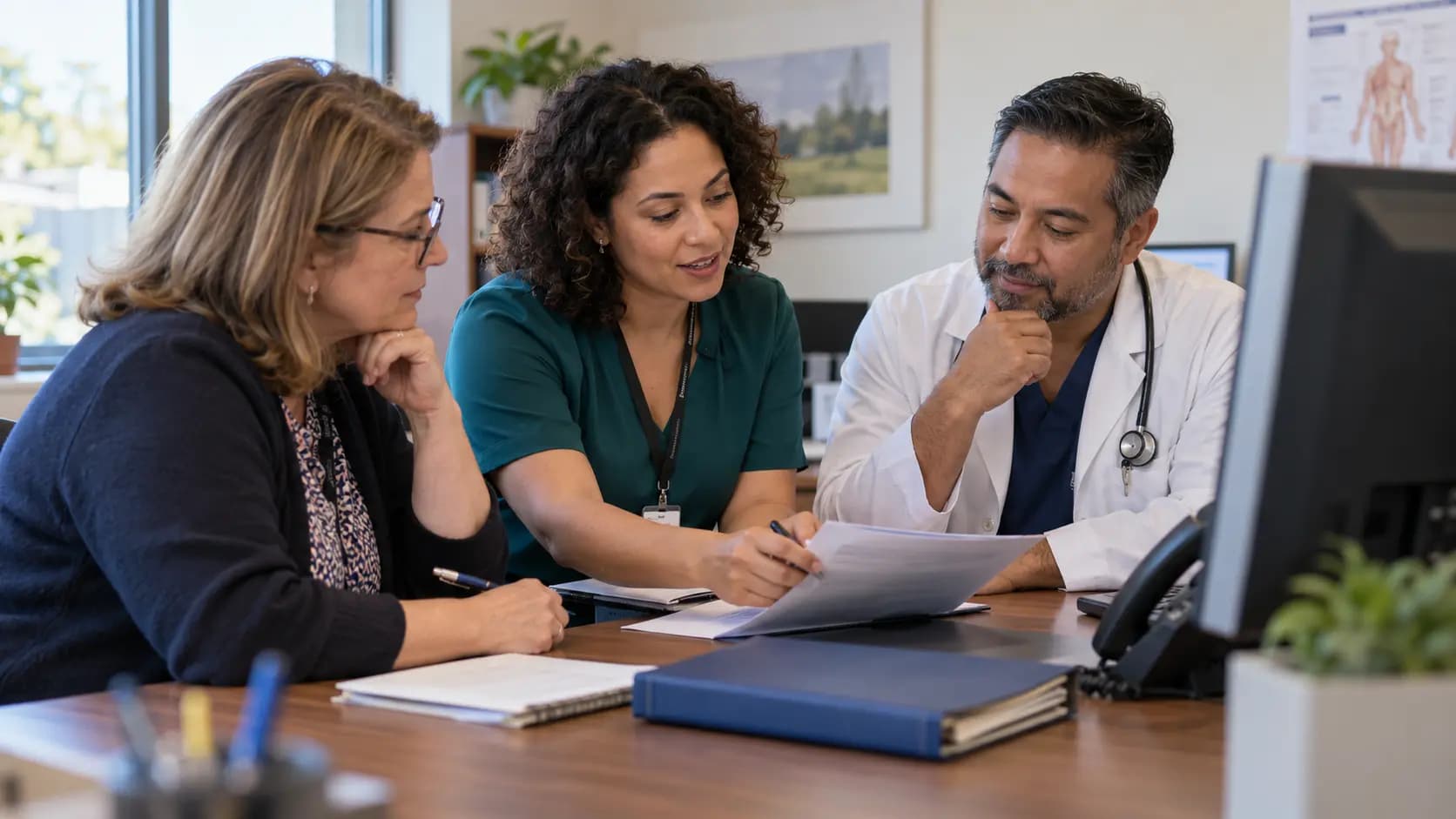 Practice manager and clinician reviewing payer requirements with a specialist
