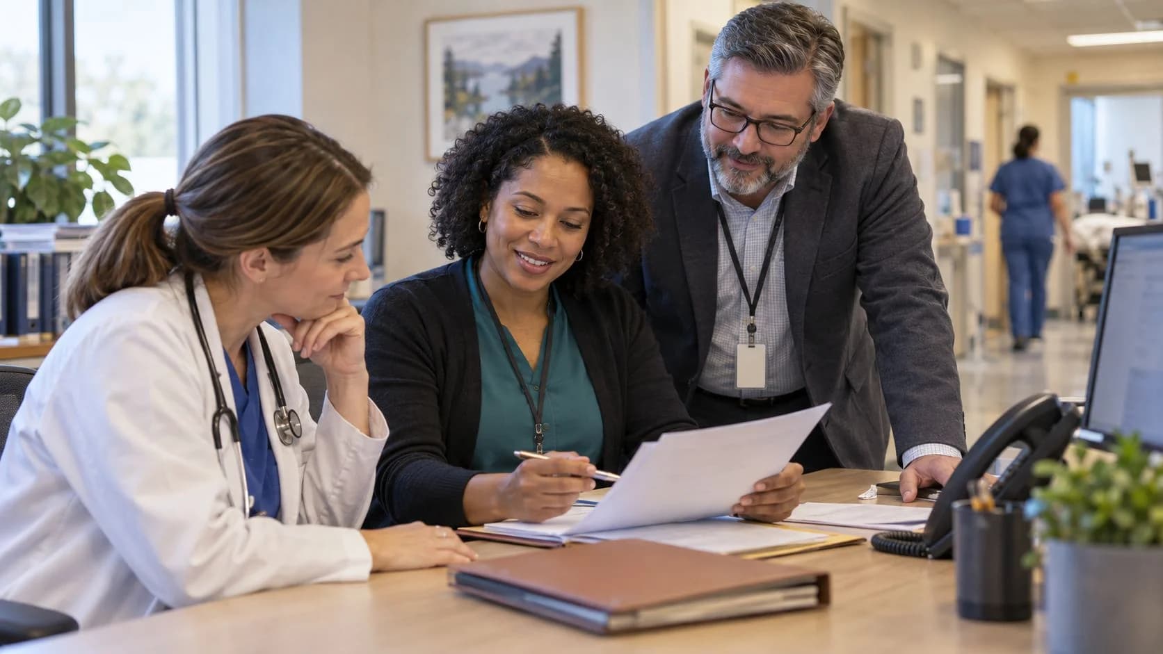 Denial-resolution specialist and clinician reviewing a claim together