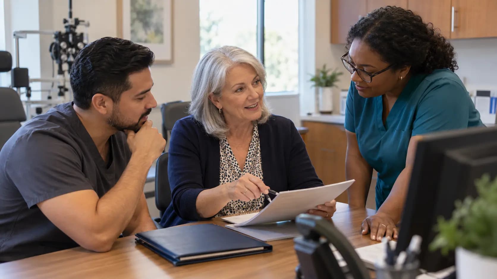 Practice manager and clinician reviewing payer requirements with a specialist