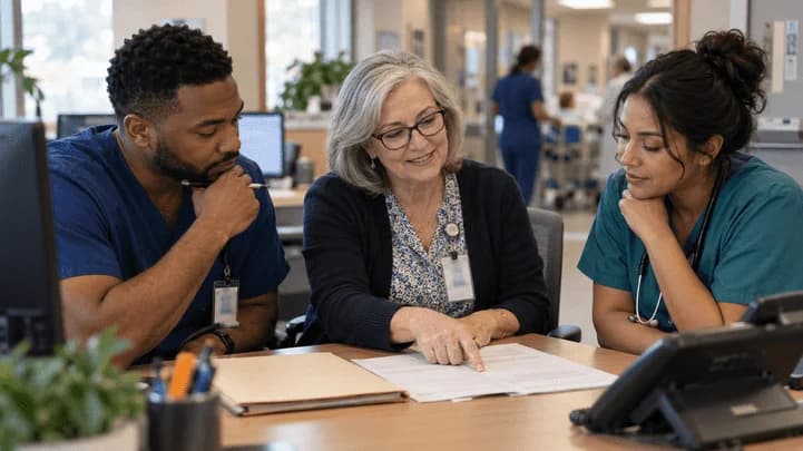 Denial-resolution specialist and clinician reviewing a claim together