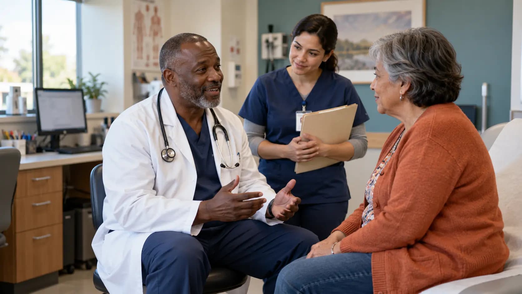 Clinician, patient, and healthcare colleague sharing a warm clinic interaction