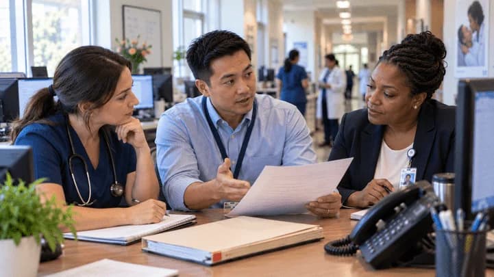 Denial-resolution specialist and clinician reviewing a claim together