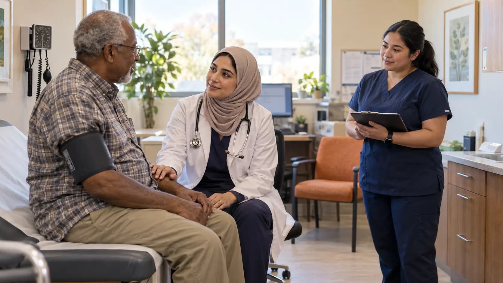 Geriatrics clinician and patient sharing a warm, attentive moment in a clinic