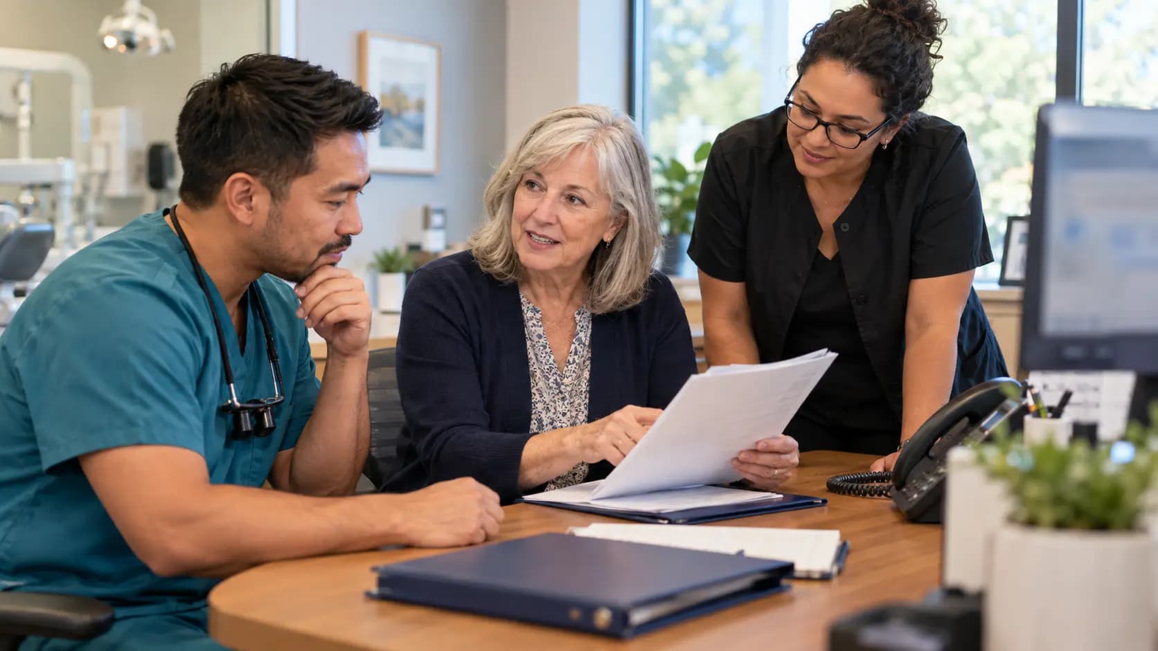 Practice manager and clinician reviewing payer requirements with a specialist