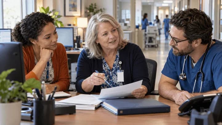 Denial-resolution specialist and clinician reviewing a claim together
