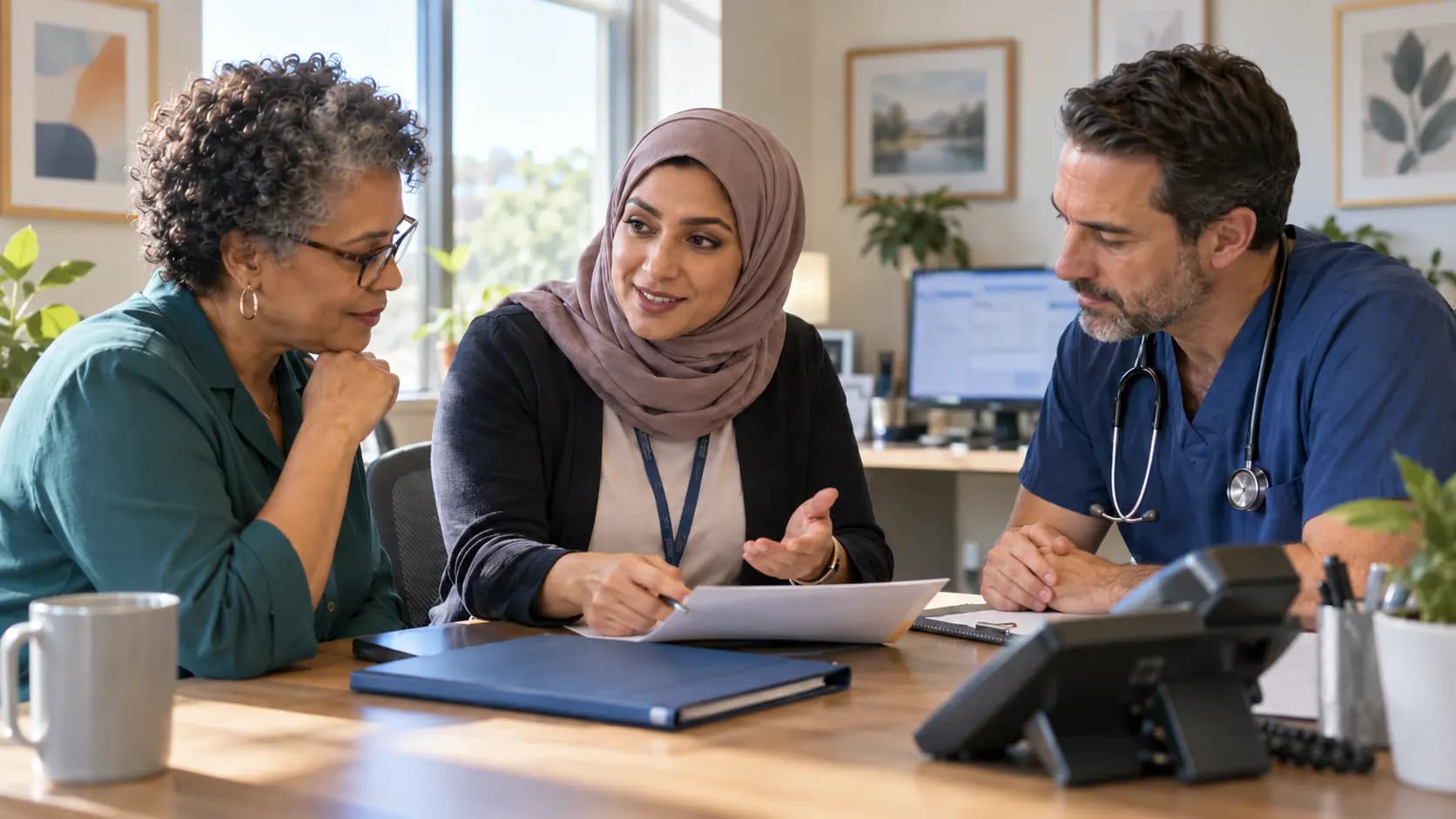 Practice manager and clinician reviewing payer requirements with a specialist