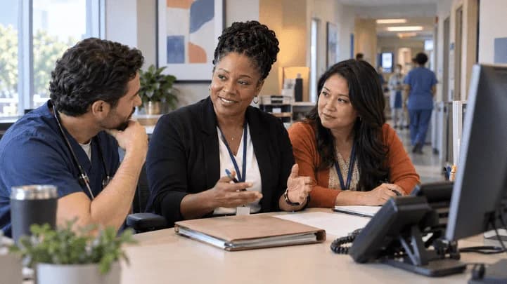 Denial-resolution specialist and clinician reviewing a claim together