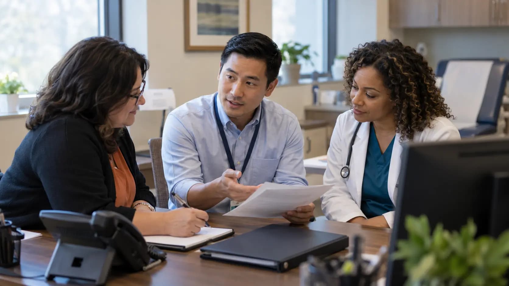 Practice manager and clinician reviewing payer requirements with a specialist