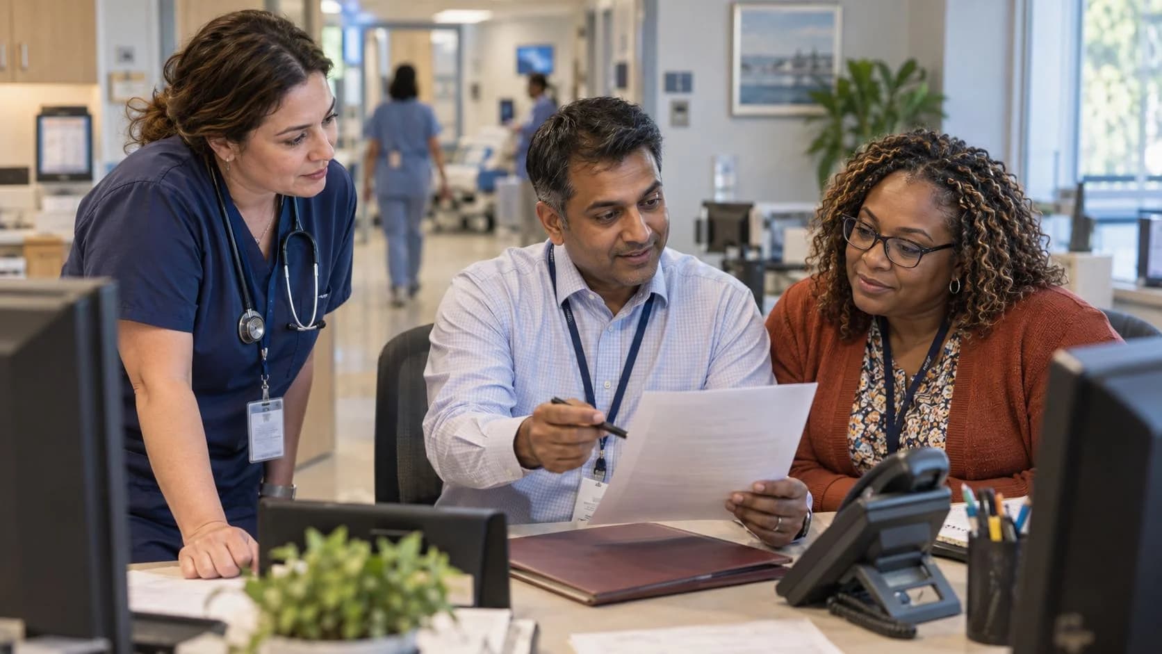 Denial-resolution specialist and clinician reviewing a claim together